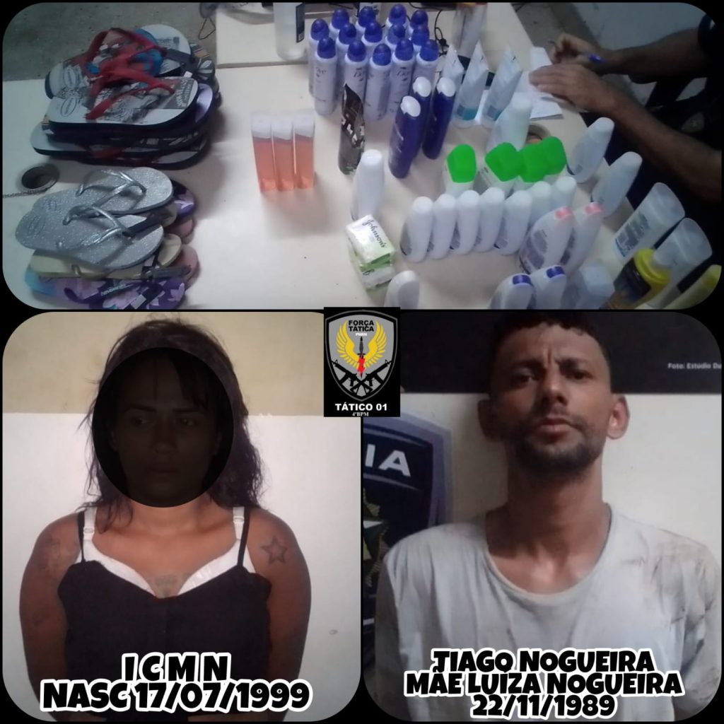 Policiais Militares da força tática do 4° BPM recuperam produtos furtados de farmácia na zona norte e capturam casal e capturam foragido