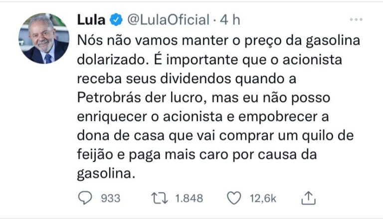 ‘Não posso enriquecer o acionista e empobrecer a dona de casa’, diz Lula sobre preços praticados pela Petrobras