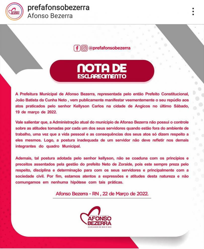Prefeitura de Afonso Bezerra emitiu Nota de Esclarecimento sobre repercussão de atitude negativa de colaborador