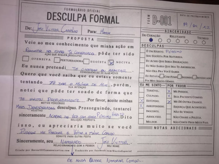 Comportamento Formulário de pedido de desculpas: documento inusitado reata namoro de casal em Natal e viraliza na internet