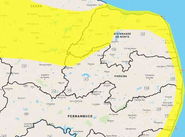 Inmet emite alerta amarelo de chuvas intensas em cidades do RN