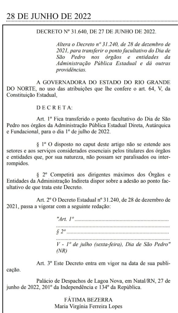 Governo do RN e Prefeitura do Natal transferem ponto facultativo do Dia de São Pedro para a sexta (1º)