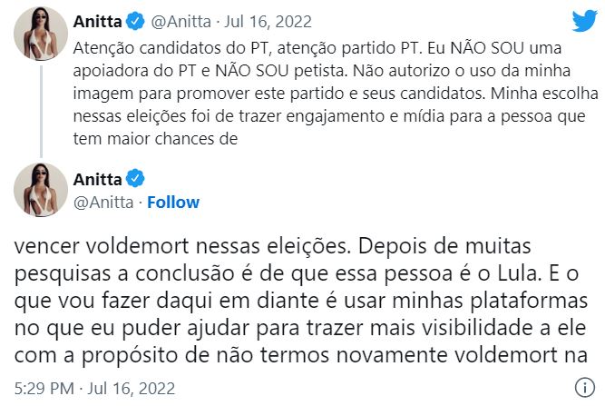 Anitta desautoriza PT a usar imagem dela nas eleições: “NÃO SOU petista”