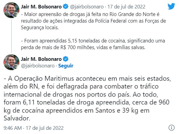 Bolsonaro exalta operação que resultou na maior apreensão de drogas já feita no RN