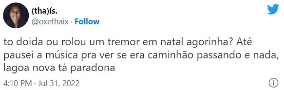 Tremor de terra em Natal, neste domingo (31)