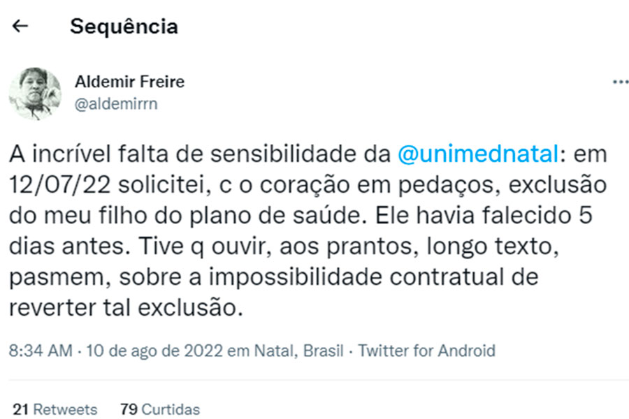 Secretário do RN desabafa após não conseguir cancelar plano de saúde de filho falecido