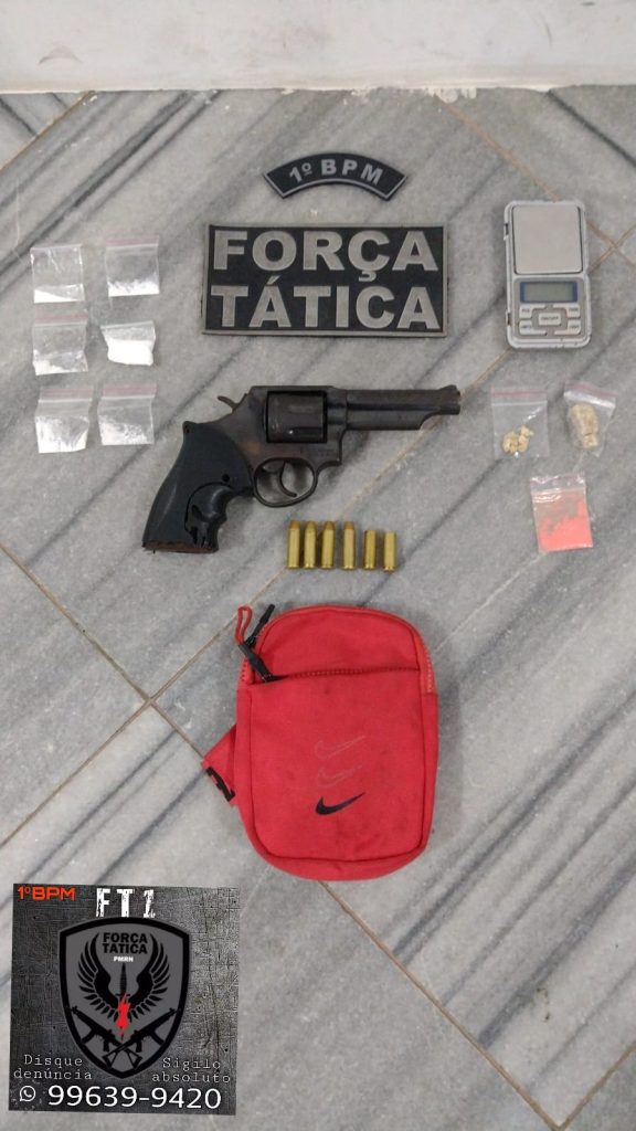 1º BPM apreende arma de fogo e drogas após confronto no bairro Mãe Luíza