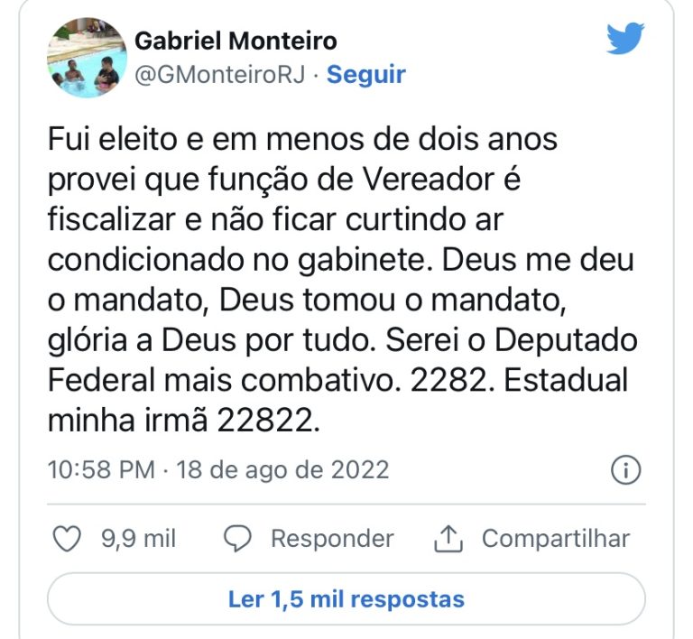 Após ser cassado, Gabriel Monteiro diz que Deus deu e tirou seu mandato e faz campanha para deputado federal