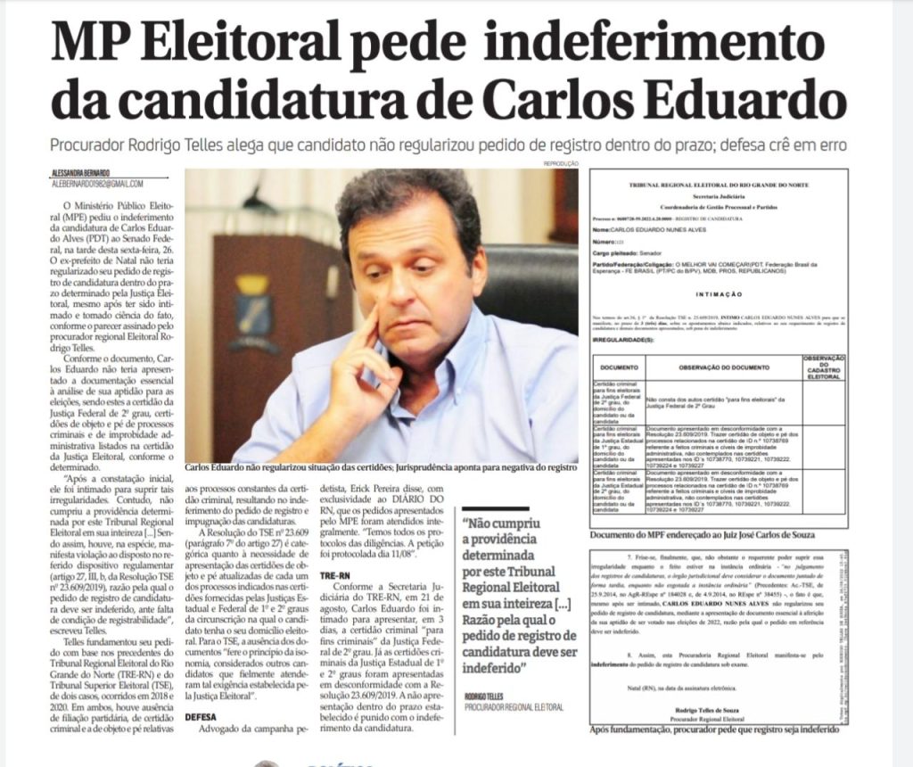 MP Eleitoral pede indeferimento da candidatura de Carlos Eduardo