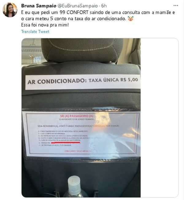 Passageira se surpreende com cobrança de R$ 5 para ligar ar-condicionado em carro por app