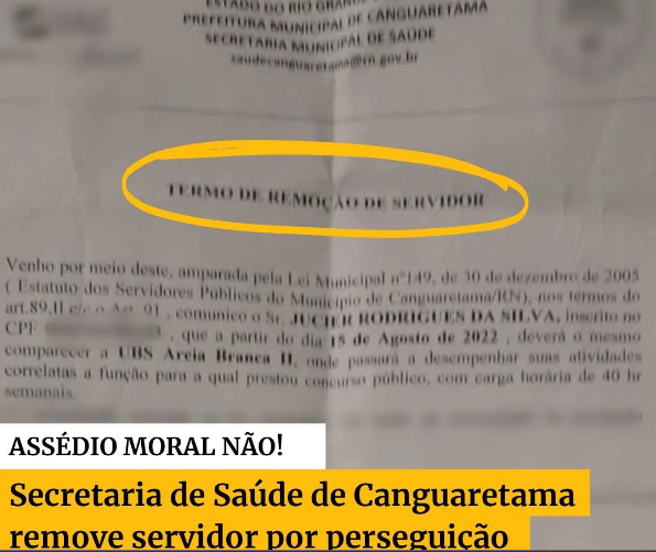 Secretaria Municipal de Saúde de Canguaretama (RN) remove servidor por perseguição; saiba