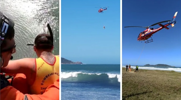Surfista é resgatado com ‘cesto’ após passar 4 horas à deriva em praia