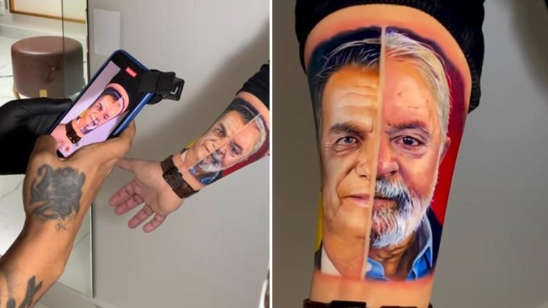 Homem faz tatuagem com rostos de Lula e Bolsonaro lado a lado