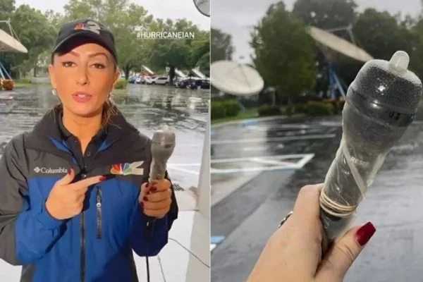 Jornalista usa camisinha em microfone durante cobertura de furacão