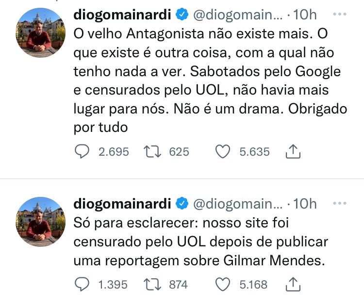 Diogo Mainardi: “O Antagonista” foi censurado pelo UOL após reportagem sobre Gilmar Mendes