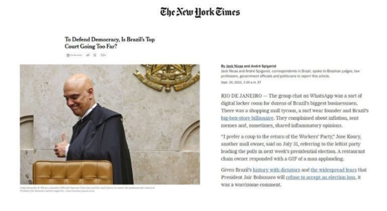 Artigo do ‘The New York Times’ questiona STF: ‘Está indo longe demais?’