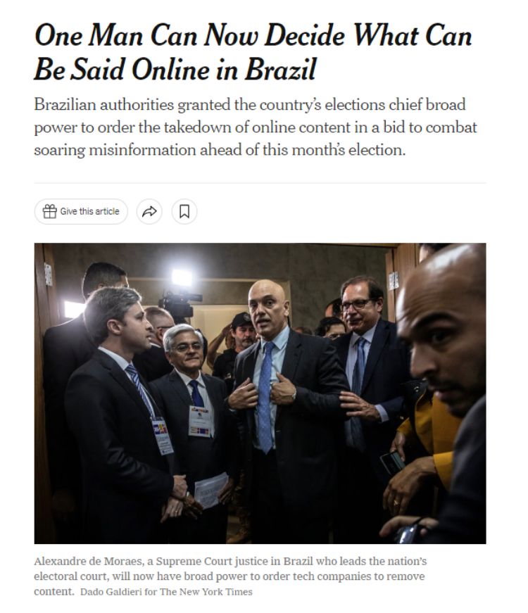 NY Times destaca momento de censura no Brasil: Moraes decide o que pode ser dito