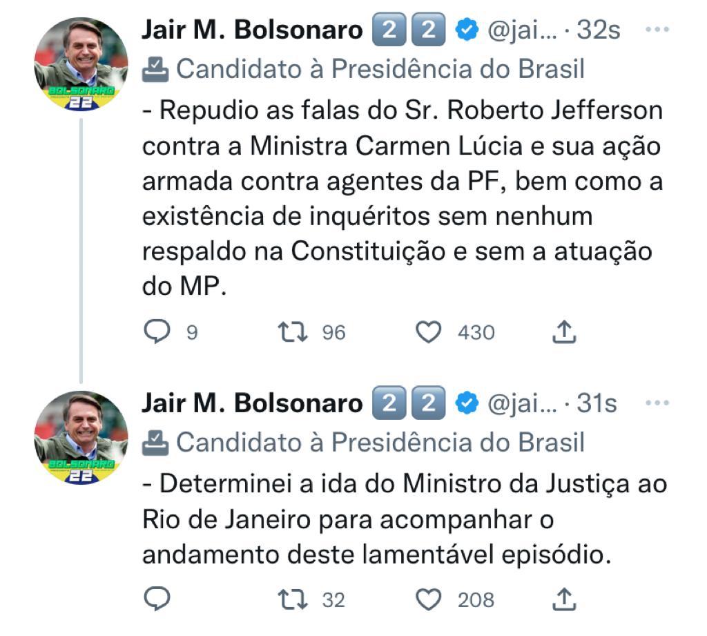 Geral Bolsonaro se pronuncia e repudia falas e comportamento de Roberto Jefferson e pede acompanhamento do “lamentável episódio deste domingo”