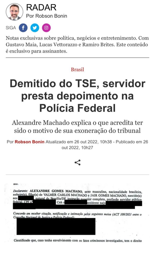 Servidor exonerado do TSE prestou depoimento na PF e diz que sua exoneração aconteceu após informar erro na distribuição de conteúdo