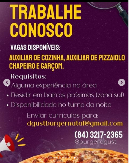 Auxiliar de cozinha / Auxiliar de Pizzaiolo / Chapeiro / Garçom