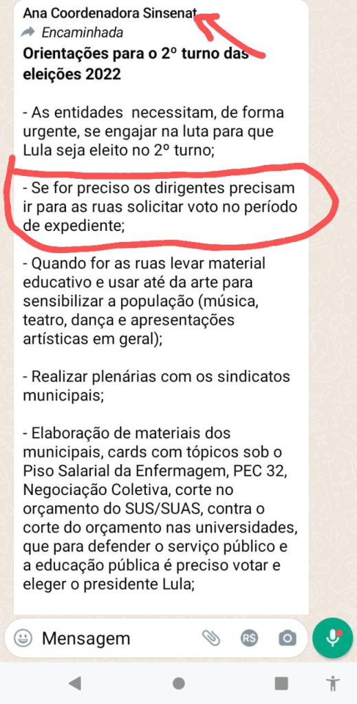 Sinsenat pede que servidores públicos usem expediente para pedir voto em Lula