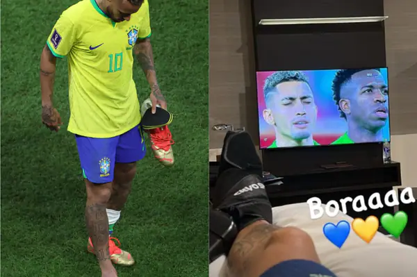 Neymar assiste do hotel jogo entre Brasil x Suíça e manda boas energias: ‘bora’