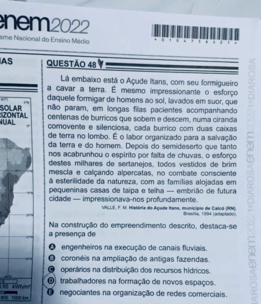CAICÓ NO ENEM: Questão traz trecho adaptado do livro “História do Açude Itans: município de Caicó-RN” escrito em 1980