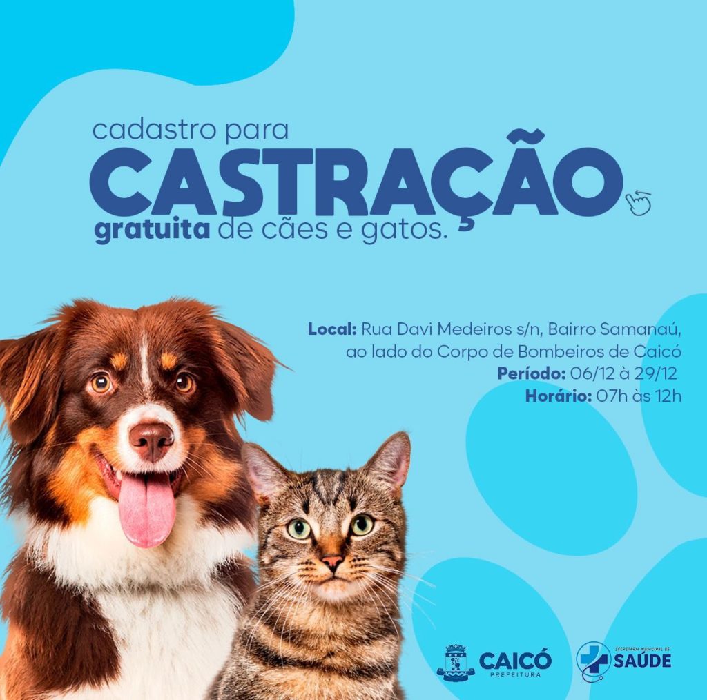 Secretaria Municipal de Saúde de Caicó anuncia início de cadastro para população de baixa renda que deseja castração em cães e gatos
