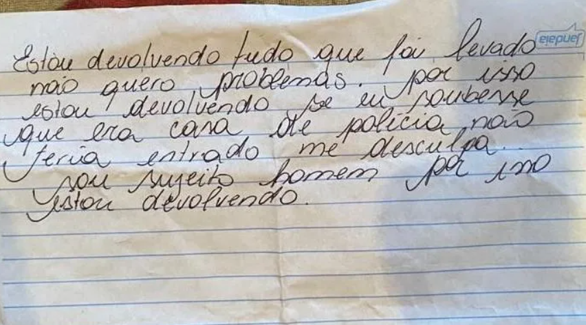 Ladrão furta casa, descobre que é de delegado e devolve itens: “Me desculpa”