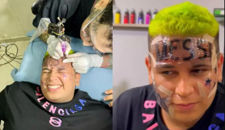 Homem tatua o nome de Messi na testa, se arrepende e pede ajuda para remover a tatuagem